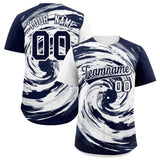 Custom White Navy Swirl Graffiti Pattern Authentic Baseball Jersey