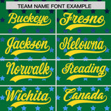 Custom Kelly Green Gold-White Raglan Sleeve Personalized Star Print Authentic Baseball Jersey