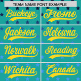 Custom Aqua Gold-White Raglan Sleeve Personalized Star Print Authentic Baseball Jersey