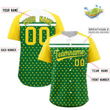 Custom Kelly Green Gold-White Raglan Sleeve Personalized Star Print Authentic Baseball Jersey