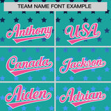 Custom Aqua Pink-White Raglan Sleeve Personalized Star Print Authentic Baseball Jersey