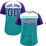 Custom Aqua Purple-White Raglan Sleeve Personalized Star Print Authentic Baseball Jersey