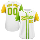 Custom White Neon Green and Gold Raglan Sleeves Authentic Baseball Jersey