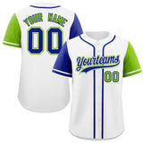 Custom White Royal and Neon Green Raglan Sleeves Authentic Baseball Jersey