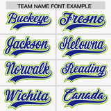 Custom White Royal and Neon Green Raglan Sleeves Authentic Baseball Jersey