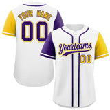 Custom White Purple and Gold Raglan Sleeves Authentic Baseball Jersey