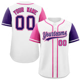 Custom White Pink and Purple Raglan Sleeves Authentic Baseball Jersey