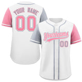 Custom White Silver and Light Pink Raglan Sleeves Authentic Baseball Jersey