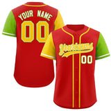 Custom Red Gold and Neon Green Raglan Sleeves Authentic Baseball Jersey