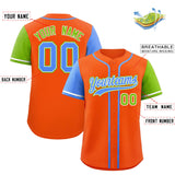 Custom Orange Powder Blue and Neon Green Raglan Sleeves Authentic Baseball Jersey