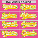 Custom Pink Gold and Neon Green Raglan Sleeves Authentic Baseball Jersey