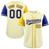 Custom Cream Gold and Royal Raglan Sleeves Authentic Baseball Jersey