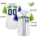 Custom White Royal and Neon Green Raglan Sleeves Authentic Baseball Jersey
