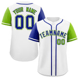 Custom White Royal and Neon Green Raglan Sleeves Authentic Baseball Jersey