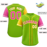 Custom Neon Green Gold and Pink Raglan Sleeves Authentic Baseball Jersey
