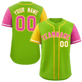 Custom Neon Green Gold and Pink Raglan Sleeves Authentic Baseball Jersey