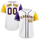 Custom White Purple and Gold Raglan Sleeves Authentic Baseball Jersey