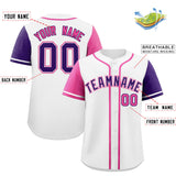 Custom White Pink and Purple Raglan Sleeves Authentic Baseball Jersey