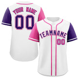 Custom White Pink and Purple Raglan Sleeves Authentic Baseball Jersey
