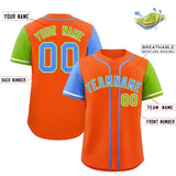 Custom Orange Powder Blue and Neon Green Raglan Sleeves Authentic Baseball Jersey