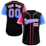 Custom Black Pink and Powder Blue Raglan Sleeves Authentic Baseball Jersey