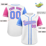Custom White Powder Blue and Pink Raglan Sleeves Authentic Baseball Jersey