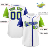 Custom White Royal and Neon Green Raglan Sleeves Authentic Baseball Jersey