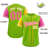 Custom Neon Green Gold and Pink Raglan Sleeves Authentic Baseball Jersey