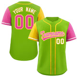 Custom Neon Green Gold and Pink Raglan Sleeves Authentic Baseball Jersey