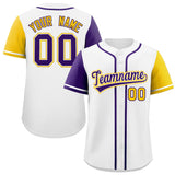 Custom White Purple and Gold Raglan Sleeves Authentic Baseball Jersey
