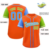 Custom Orange Powder Blue and Neon Green Raglan Sleeves Authentic Baseball Jersey