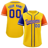 Custom Gold Royal and Orange Raglan Sleeves Authentic Baseball Jersey