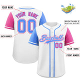 Custom White Powder Blue and Pink Raglan Sleeves Authentic Baseball Jersey