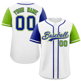 Custom White Royal and Neon Green Raglan Sleeves Authentic Baseball Jersey