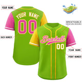 Custom Neon Green Gold and Pink Raglan Sleeves Authentic Baseball Jersey
