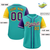 Custom Aqua Purple and Gold Raglan Sleeves Authentic Baseball Jersey