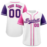 Custom White Pink and Purple Raglan Sleeves Authentic Baseball Jersey