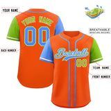 Custom Orange Powder Blue and Neon Green Raglan Sleeves Authentic Baseball Jersey