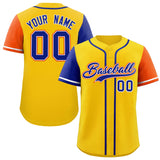 Custom Gold Royal and Orange Raglan Sleeves Authentic Baseball Jersey