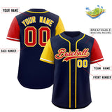 Custom Navy Gold and Red Raglan Sleeves Authentic Baseball Jersey