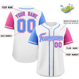Custom White Powder Blue and Pink Raglan Sleeves Authentic Baseball Jersey