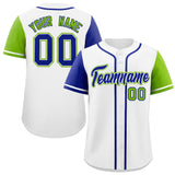 Custom White Royal and Neon Green Raglan Sleeves Authentic Baseball Jersey