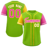Custom Neon Green Gold and Pink Raglan Sleeves Authentic Baseball Jersey