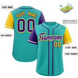 Custom Aqua Purple and Gold Raglan Sleeves Authentic Baseball Jersey