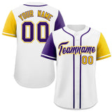 Custom White Purple and Gold Raglan Sleeves Authentic Baseball Jersey