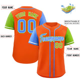 Custom Orange Powder Blue and Neon Green Raglan Sleeves Authentic Baseball Jersey