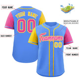 Custom Powder Blue Gold and Pink Raglan Sleeves Authentic Baseball Jersey