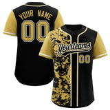 Custom Black Old Gold Split Personalized Graffiti Raglan Sleeve Authentic Baseball Jersey
