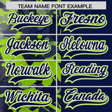 Custom Navy Neon Green Split Personalized Graffiti Raglan Sleeve Authentic Baseball Jersey