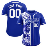 Custom Royal White Split Personalized Graffiti Raglan Sleeve Authentic Baseball Jersey